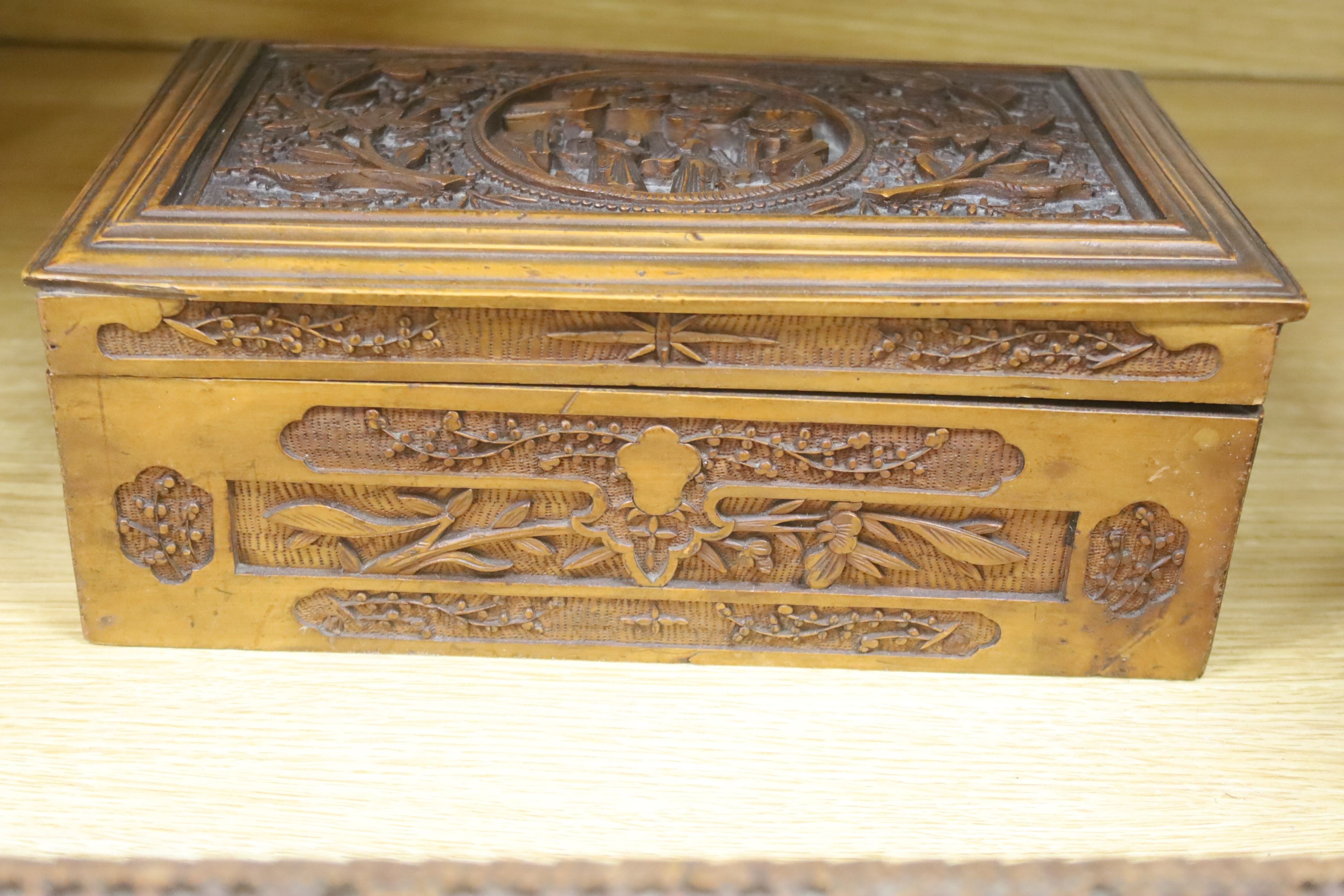 Three 19th century Chinese carved sandalwood boxes, 19th/20th century, longest 30cm